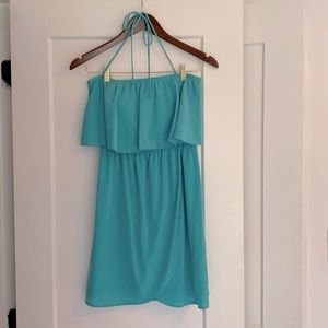 Strapless teal ruffle mini dress with optional halter tie